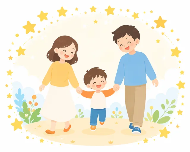 星に囲まれて手をつなぐ親子のイラスト
