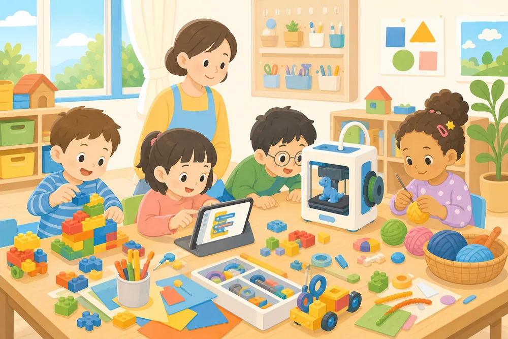 ブロック・タブレット・3Dプリンタを使ってものづくりに取り組む子どもたちのイラスト